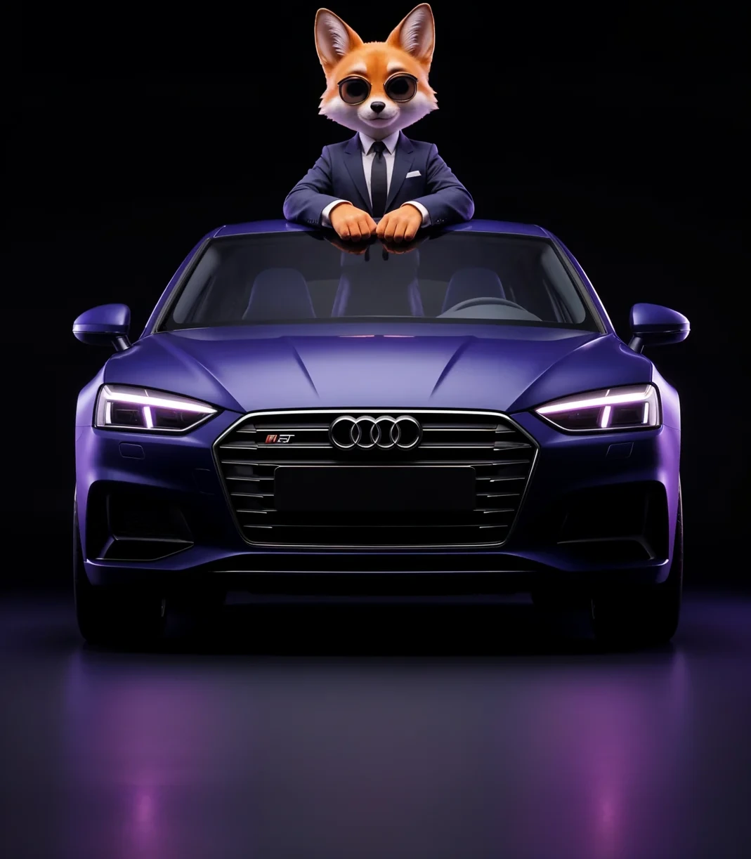 Zorro mascota de MaxWin de noche junto a un auto